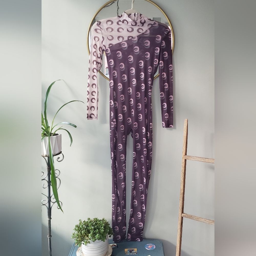 Luv Seaux Matte Purple Print SHEER Long Sleeve Jumpsuit Size S